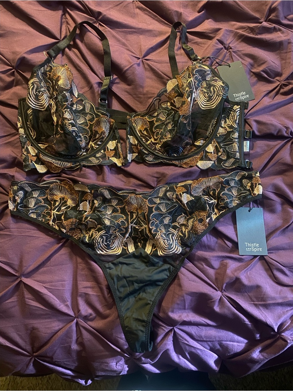 Thistle and Spire Black Bra & Bikini Set with Gold Embroidery